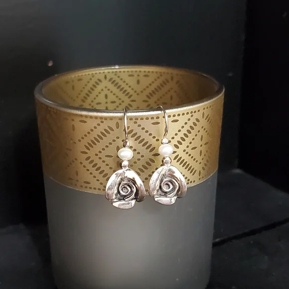 PZ ISRAEL Sterling Rose Earrings with White Cultured Pearl 1.25”L - Picture 5 of 15